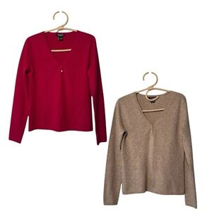 Madison Studio Cashmere Henley Fuschia Pink & Tan Pullover Lightweight Sweaters